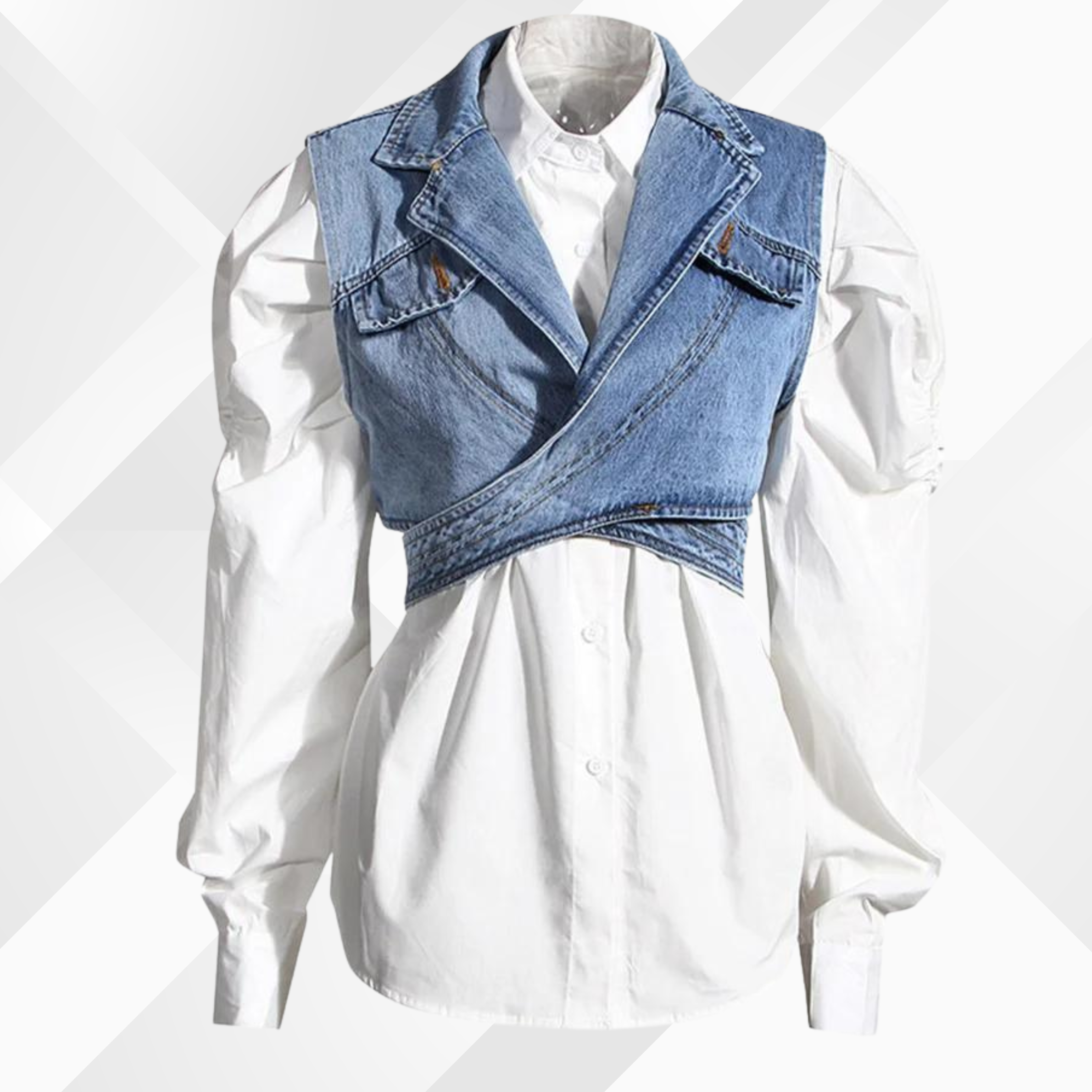 Denim waistcoat and blouse with puffed sleeves