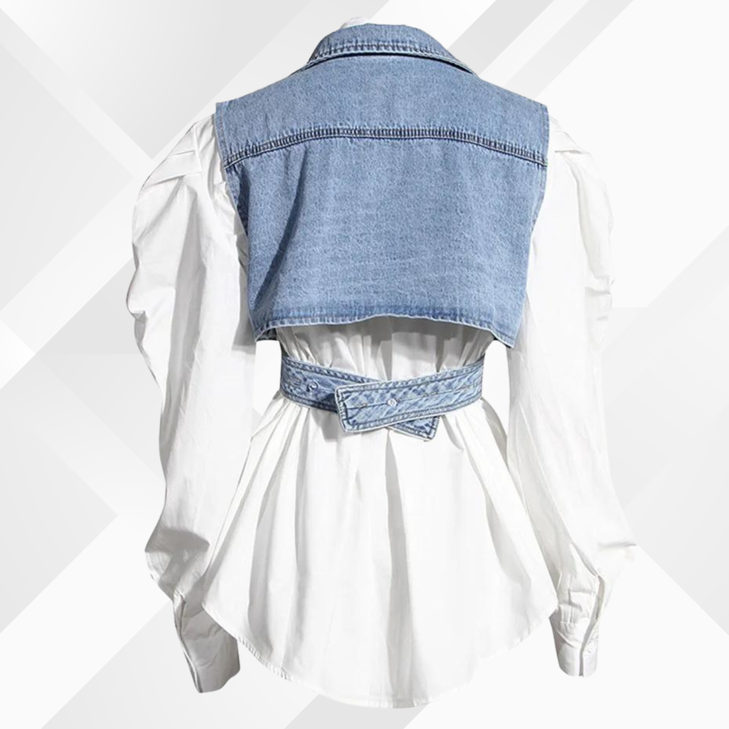 Denim waistcoat and blouse with puffed sleeves