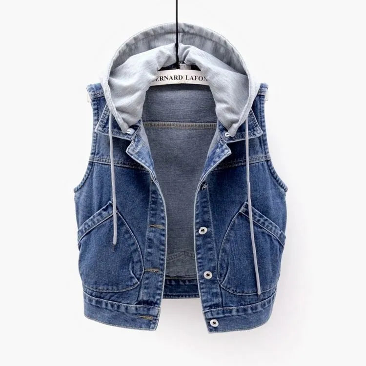 Denim waistcoat with hood and breast pockets