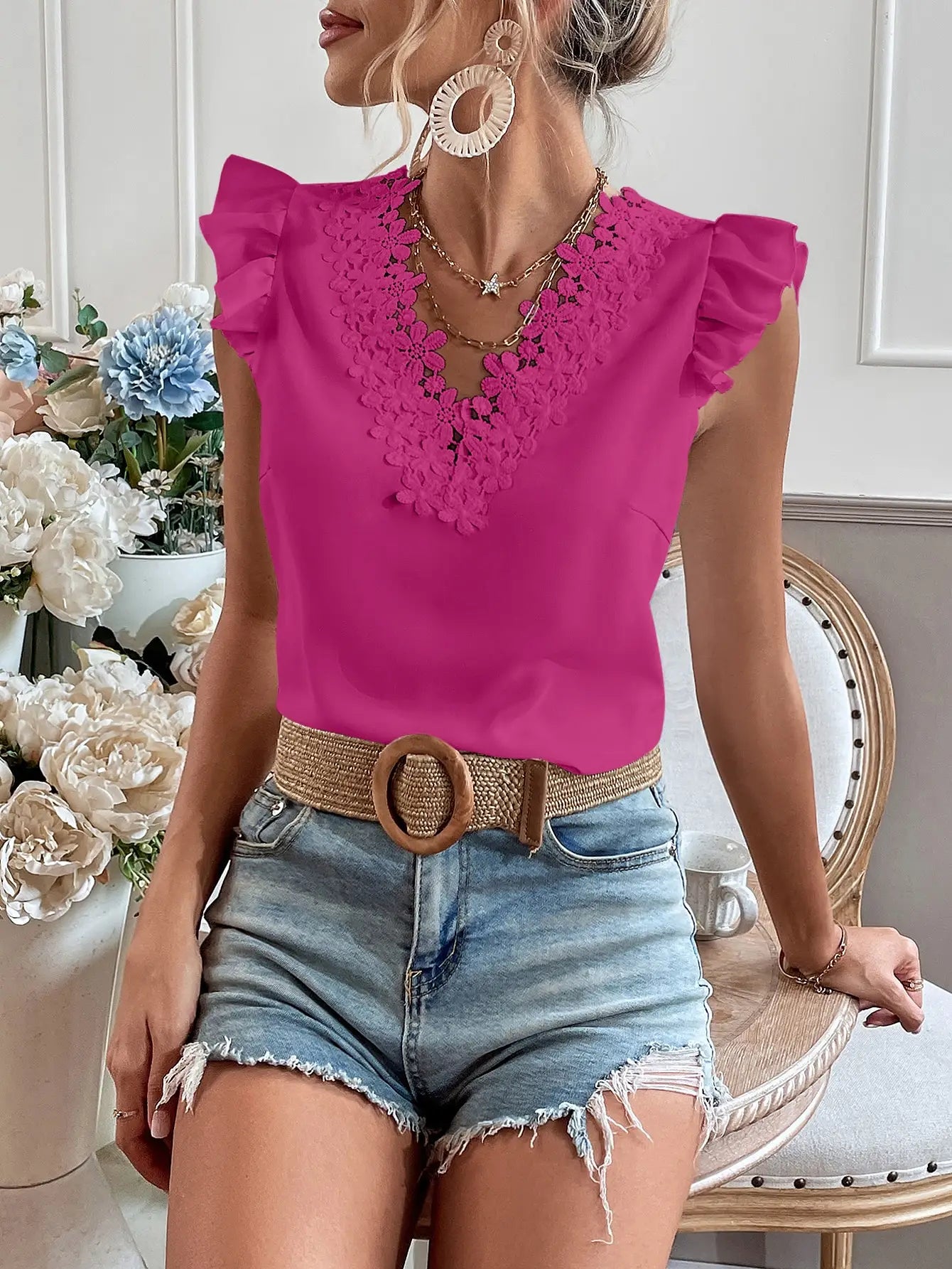 Blouse with lace embroidery and frills