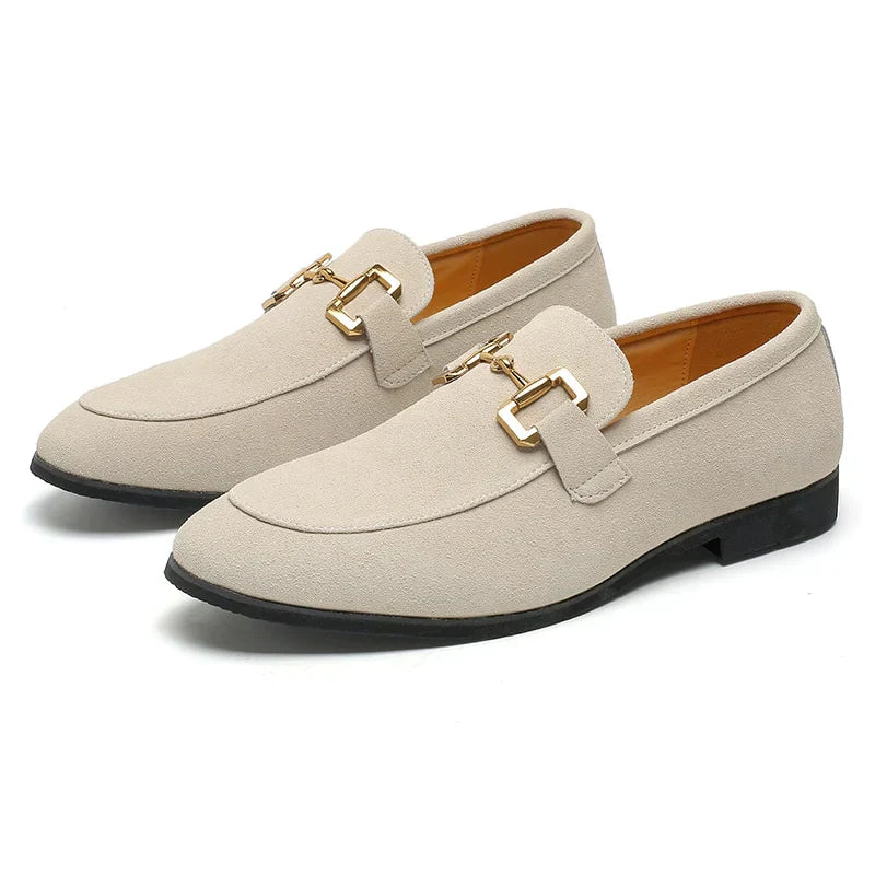 Suede loafer with metal buckle detail