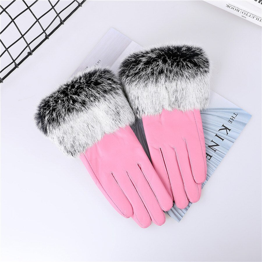 Genuine lamb leather gloves with rabbit fur cuffs | Ladies leather gloves