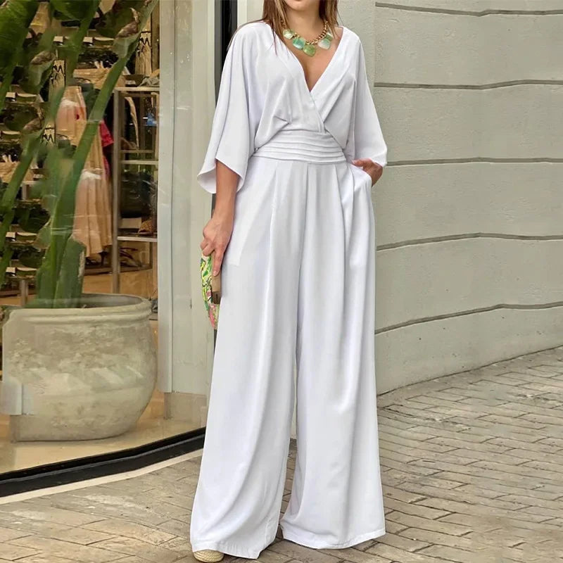 Batwing Sleeves Wide Leg Solid Colour Elegant Jumpsuit