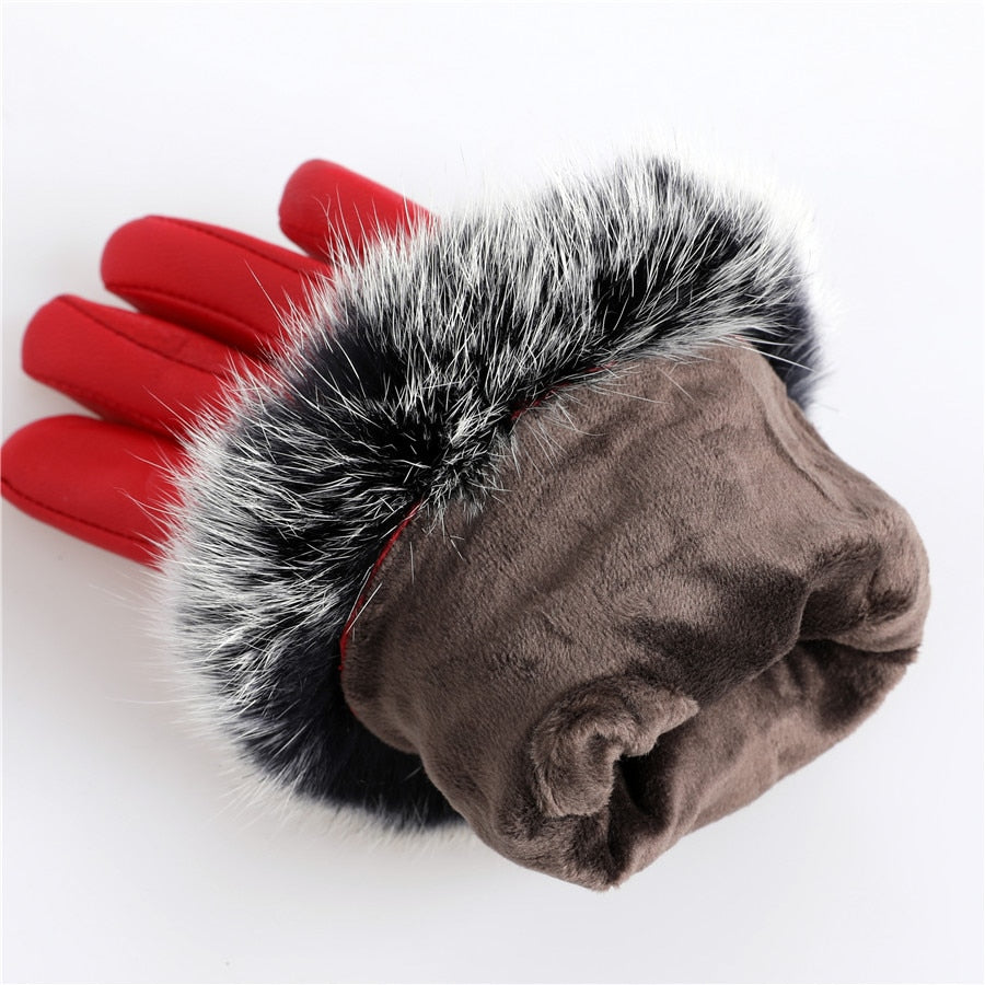 Genuine lamb leather gloves with rabbit fur cuffs | Ladies leather gloves