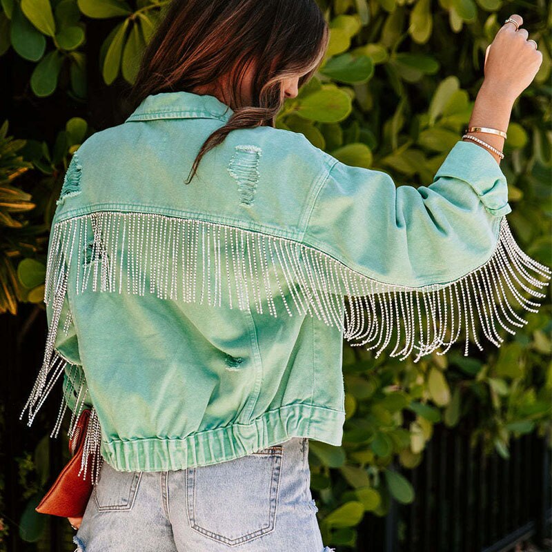 Denim jacket with glitter fringes