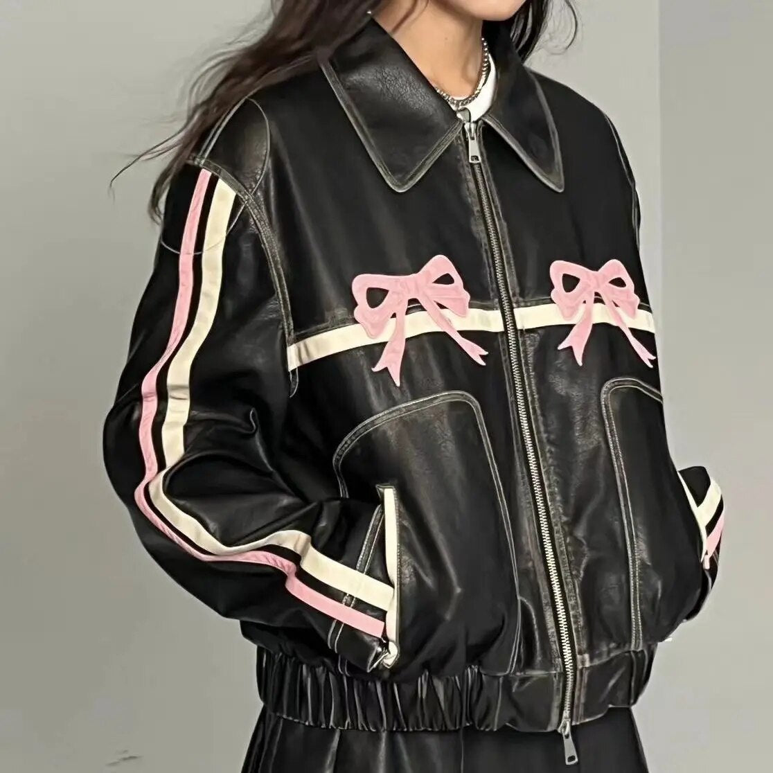 Leather jacket with bow detail