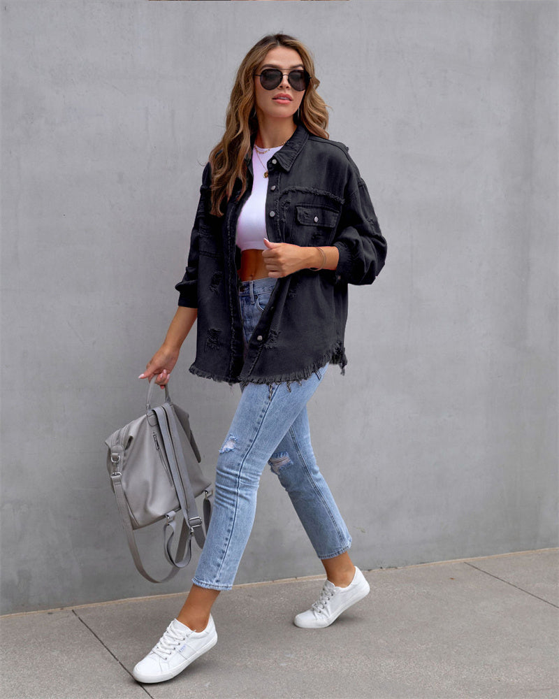 Casual shirt-style denim coat with holes