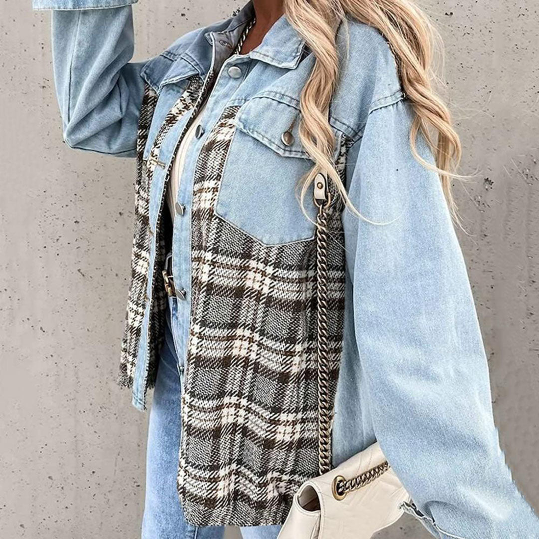 Fashionable chequered oversized denim jacket for women