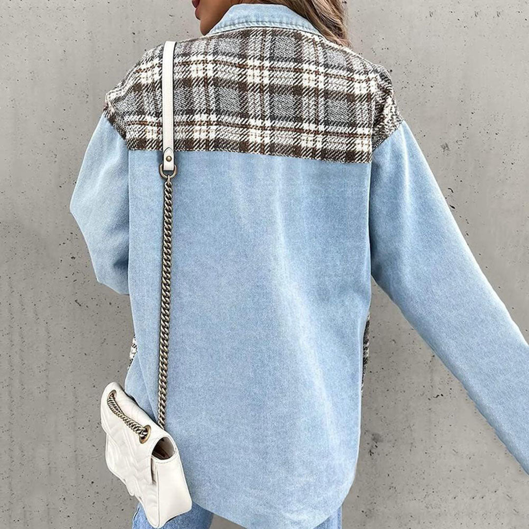 Fashionable chequered oversized denim jacket for women