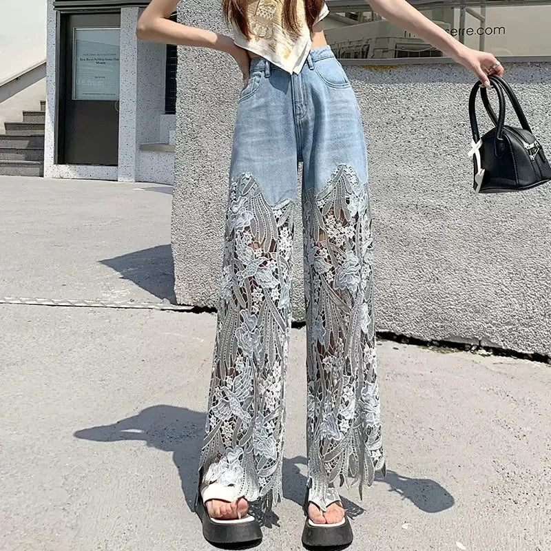 High-waisted denim trousers with lace details