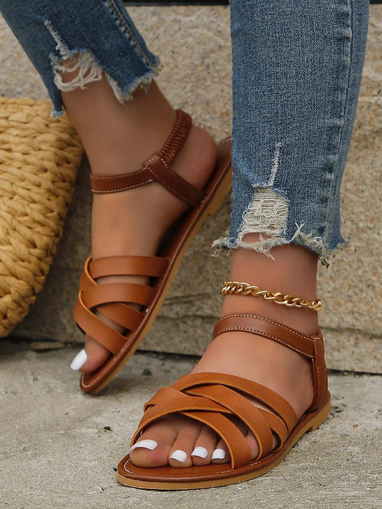 Women's summer sandals in Roman style with straps and non-slip rubber soles