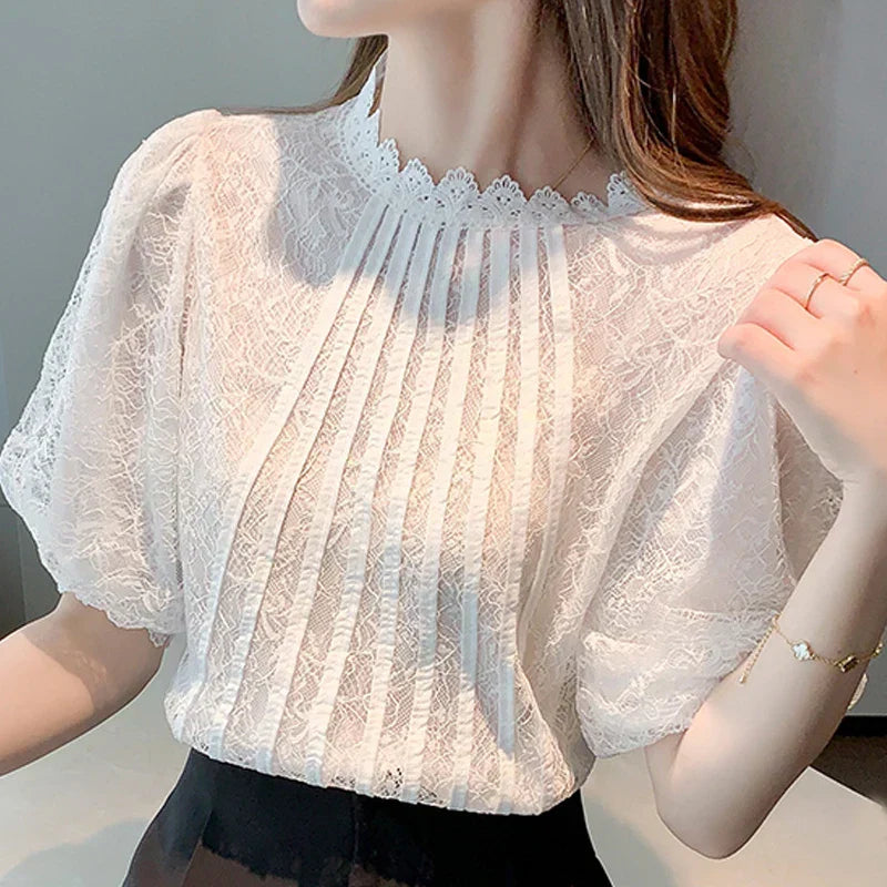 White blouse with stand-up collar and lace