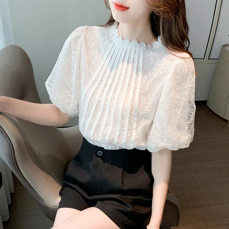 White blouse with stand-up collar and lace