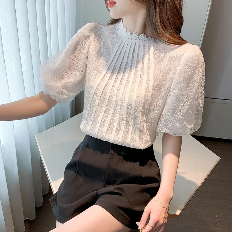 White blouse with stand-up collar and lace