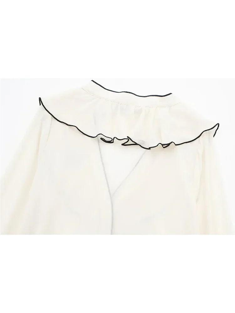 Women's blouse in transparent chiffon: ruffled crossover V-neck with long sleeves and lightweight fabric