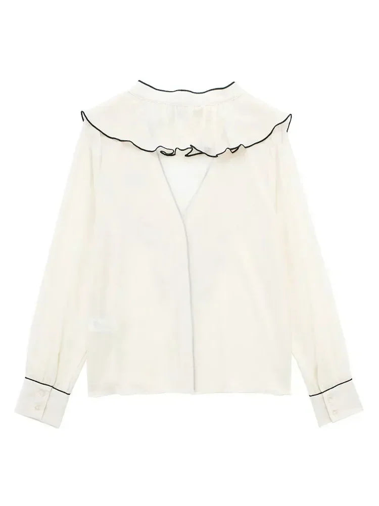 Women's blouse in transparent chiffon: ruffled crossover V-neck with long sleeves and lightweight fabric