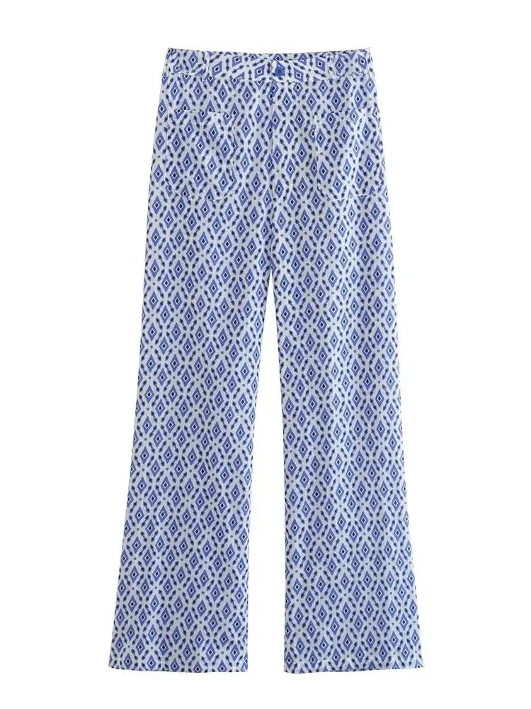 Bow-embellished top and high-waist trousers