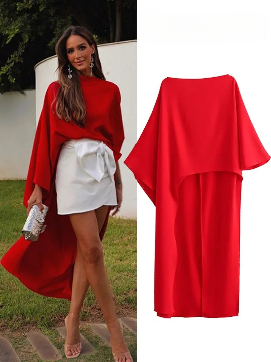 Women asymmetric cape style red satin shirt fashionable