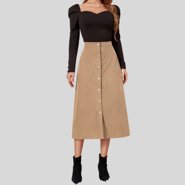 Ribbed A-line midi skirt with button placket