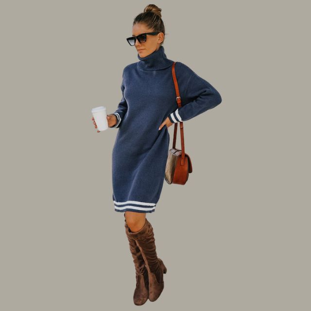 Cosy turtleneck jumper dress with contrasting stripes