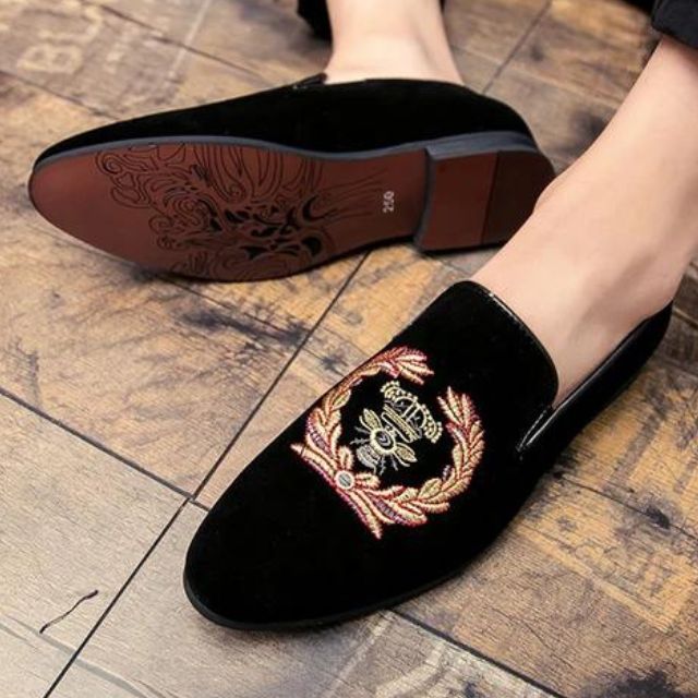 Velvet Loafers With Embroidered Emblem