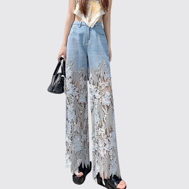 High-waisted denim trousers with lace details