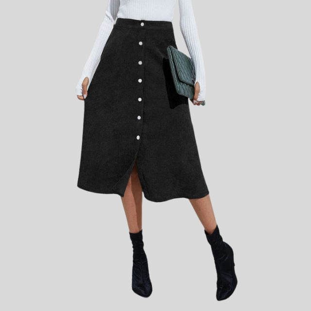 Ribbed A-line midi skirt with button placket