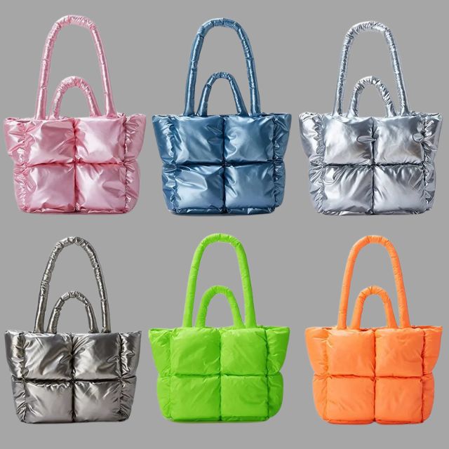 Metallic puffer carrier bag with ruffled design