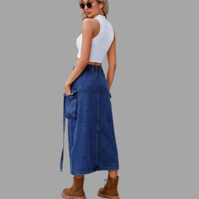 High-waisted denim skirt with slit