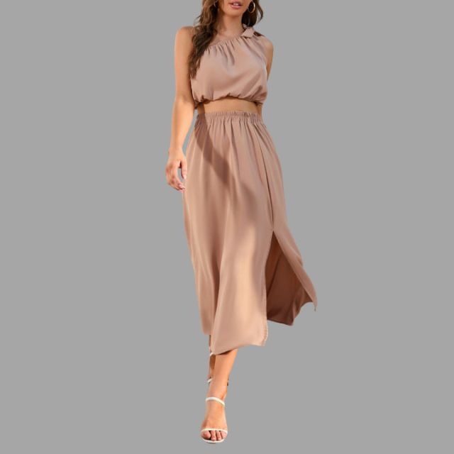 One-shoulder satin outfit set with cinched waist