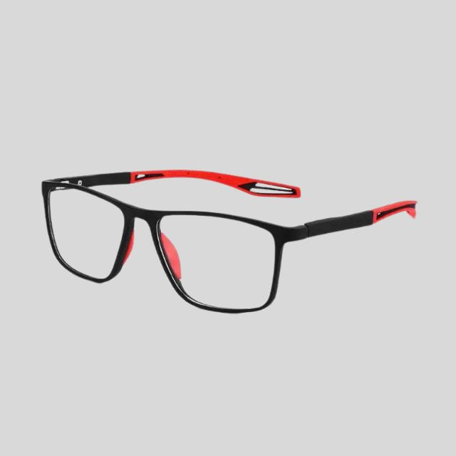 Contemporary rectangular glasses with coloured temples