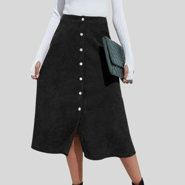 Ribbed A-line midi skirt with button placket