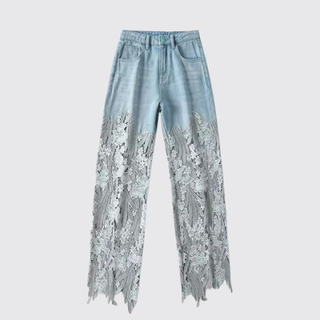 High-waisted denim trousers with lace details