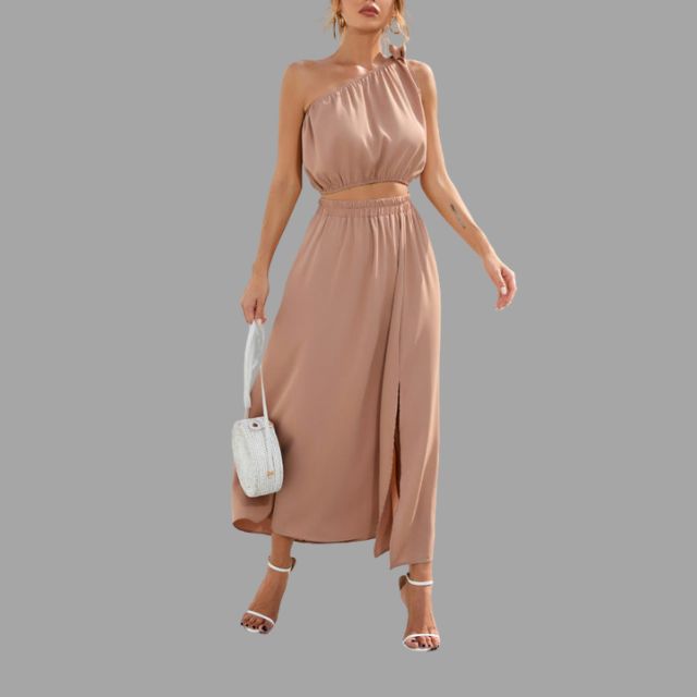 One-shoulder satin outfit set with cinched waist