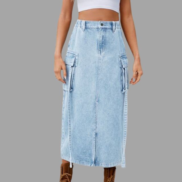 High-waisted denim skirt with slit