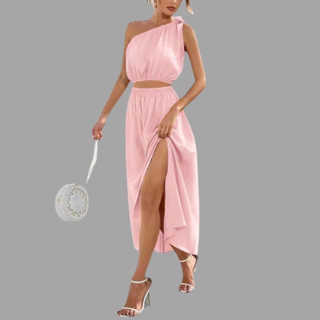 One-shoulder satin outfit set with cinched waist