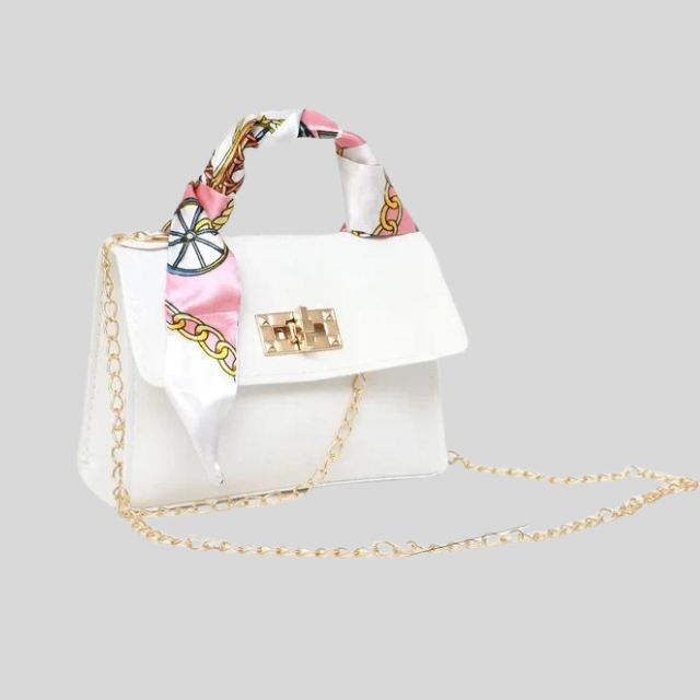 Classic handbag with silk scarf and chain detail