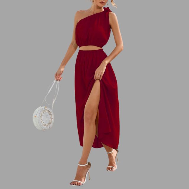 One-shoulder satin outfit set with cinched waist