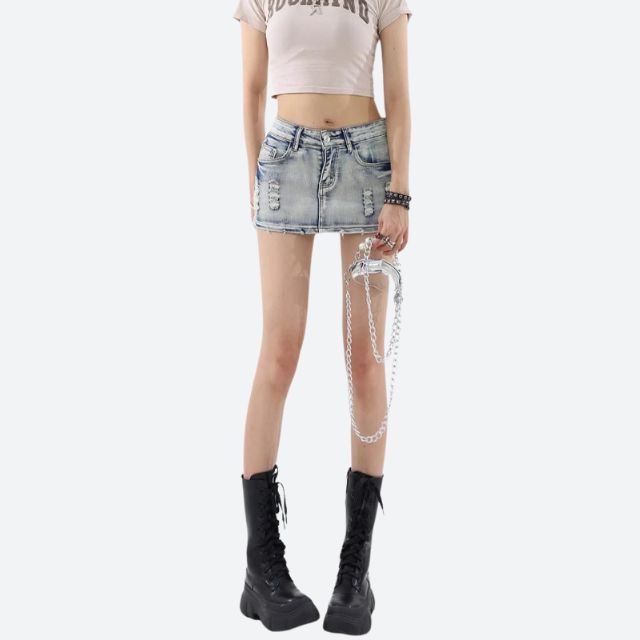 Distressed denim mini skirt with belt detail