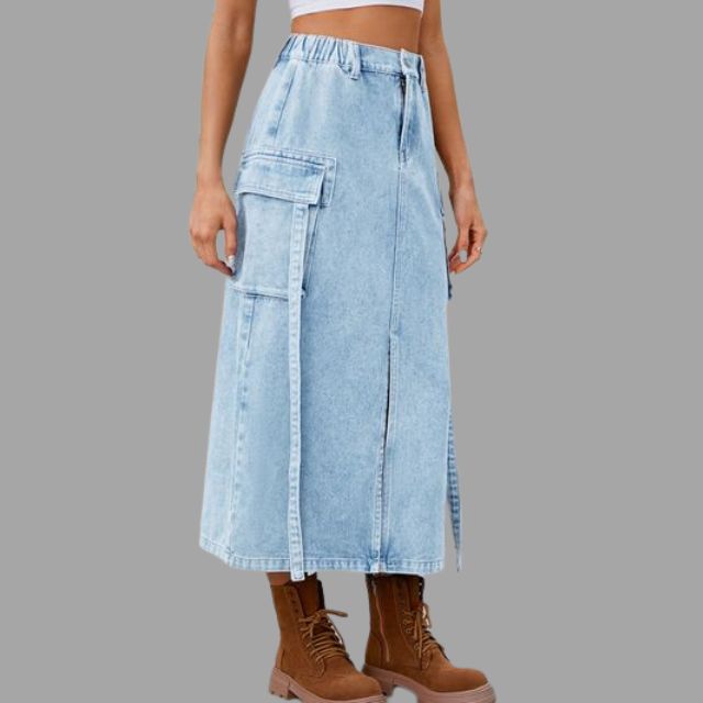 High-waisted denim skirt with slit