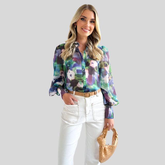 Blouse with button placket and abstract print