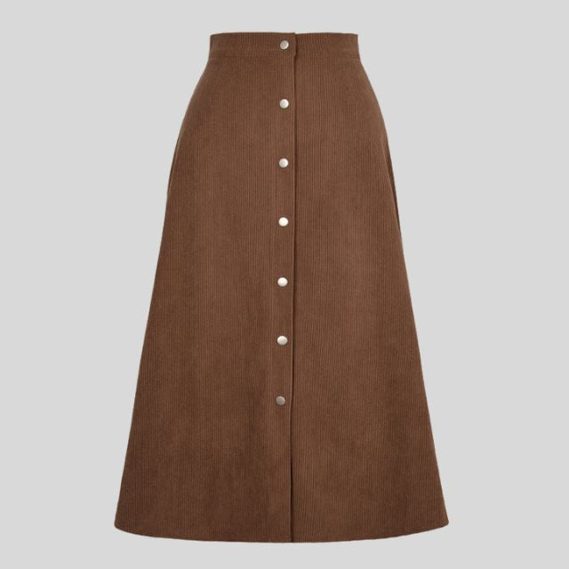 Ribbed A-line midi skirt with button placket