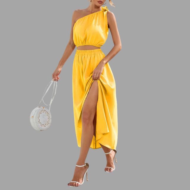 One-shoulder satin outfit set with cinched waist