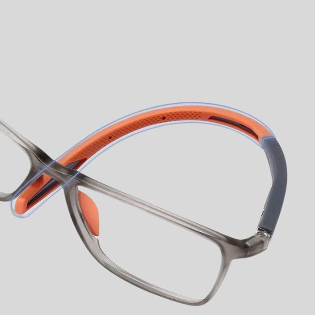 Contemporary rectangular glasses with coloured temples