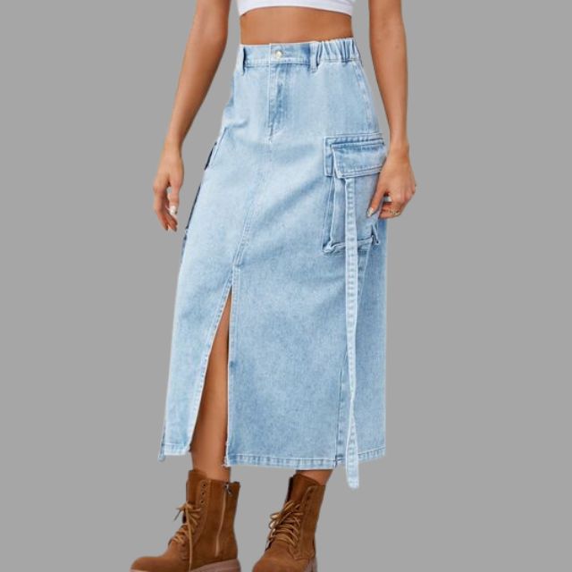 High-waisted denim skirt with slit