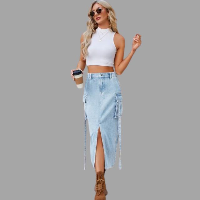 High-waisted denim skirt with slit