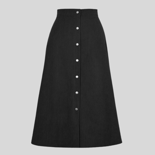 Ribbed A-line midi skirt with button placket