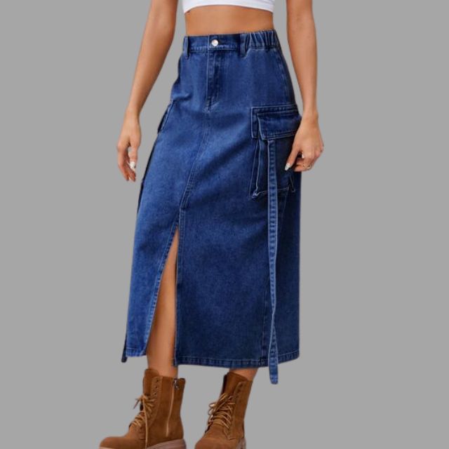 High-waisted denim skirt with slit