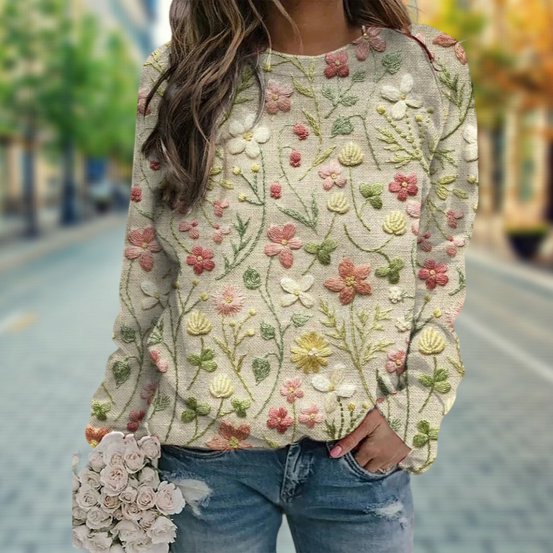 Constan | Winter Flower Print Round Neck Sweater for Women