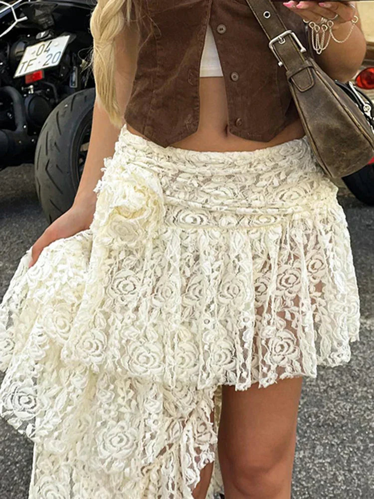 Asymmetric Lace Mini Skirt With Medium Waist